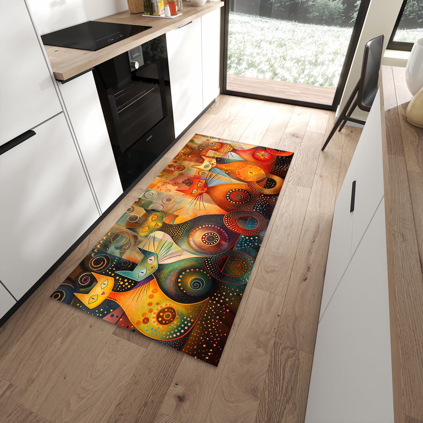 Strapazierfähiger Küchenläufer mit Motiv Katzenkunstwerk in moderner Küche