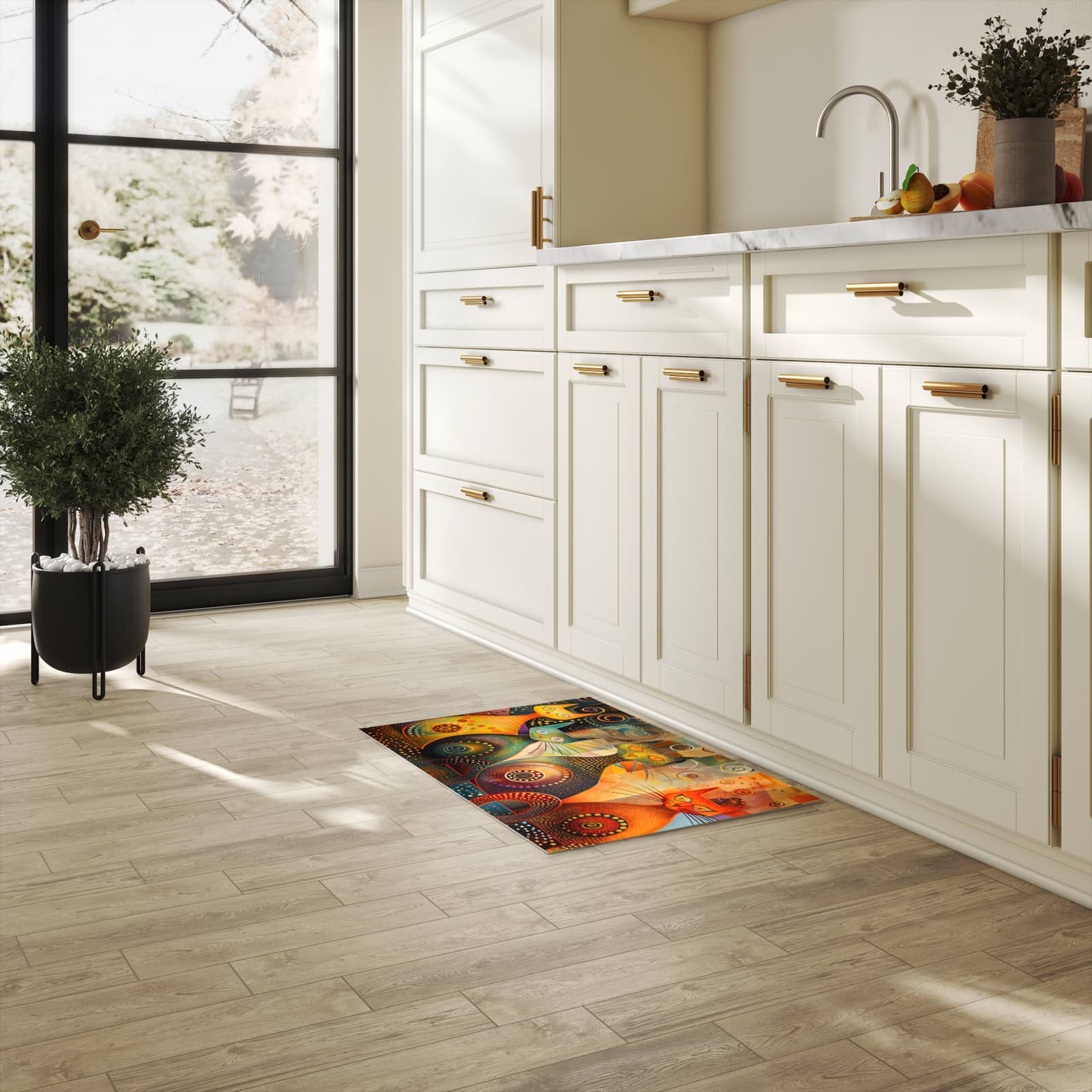 Langlebiger Teppich für Esstisch mit Motiv Katzenkunstwerk in heller Küche, waschbar