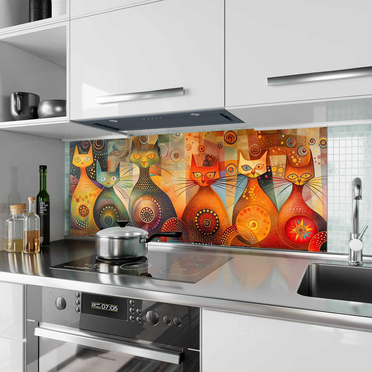 Küchenrückwand aus Glas Drei Katzen in Orange im Hochformat als Spritzschutz hinter dem Kochfeld, über dem Fliesenspiegel montiert