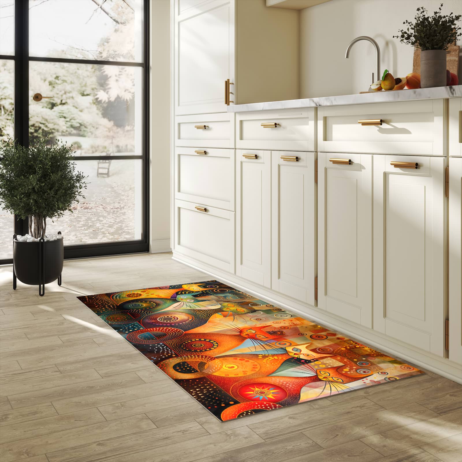 Bodenschonender waschbarer Küchenteppich mit Motiv Katzenkunstwerk in heller Küche