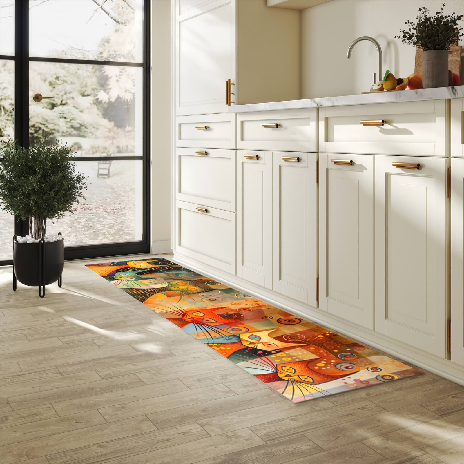 Strapazierfähiger dünner Küchenteppich mit Motiv Katzenkunstwerk in heller Küche