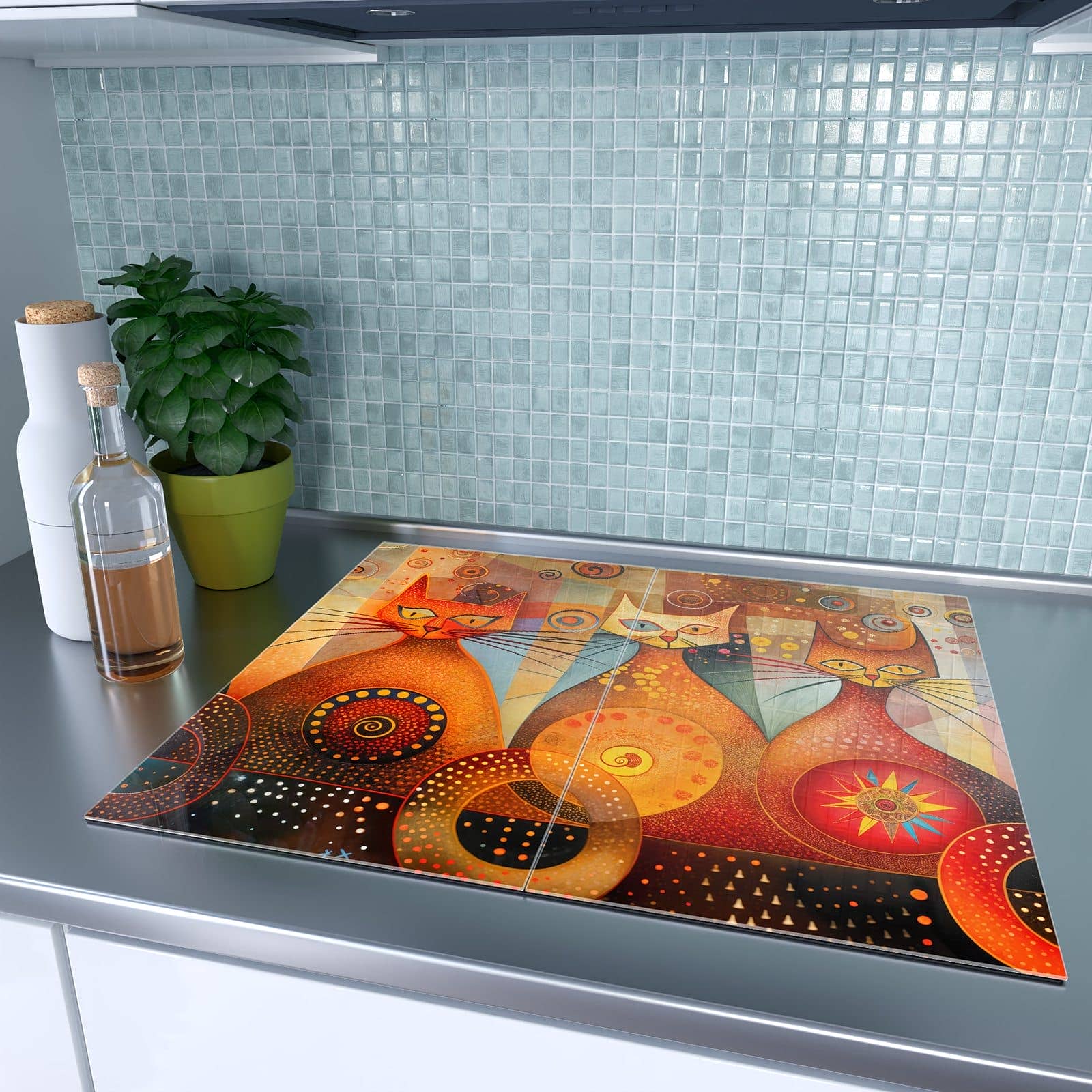 2-teilige Abdeckplatte für Induktionsherd mit Katzenkunstwerk-Motiv auf dem Ceranfeld