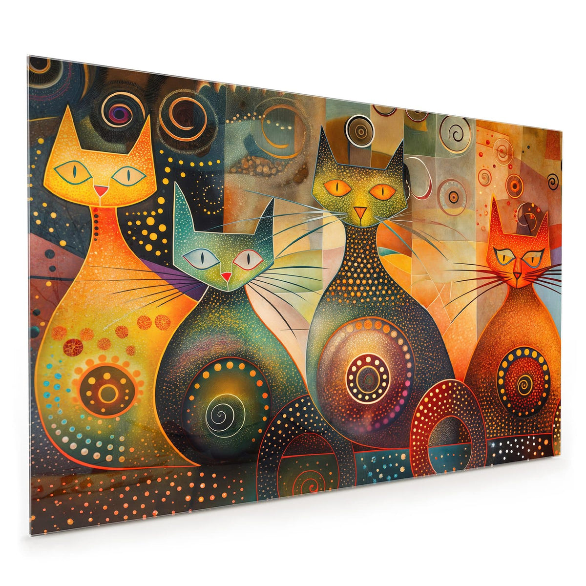 Küchenrückwand aus Glas im Hochformat: Drei stilisierte Katzen in Orange und Rot mit Spiralen, Punkten und Sonnenmotiv im Klimt-Stil