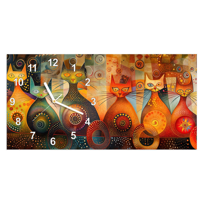 Wanduhr Katzenkunstwerk aus Glas – Querformat 60 × 30 cm mit Ziffernblatt Modern