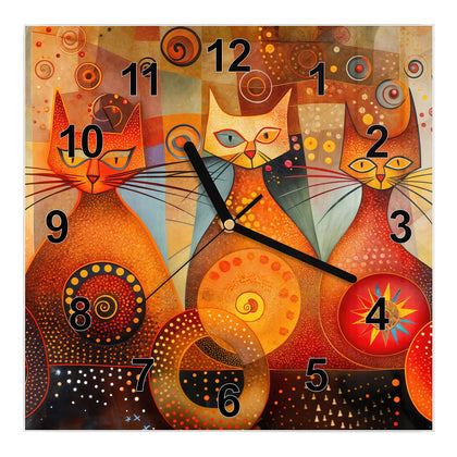 Wanduhr Quadratisch mit dem Motiv Drei Katzen in Orange