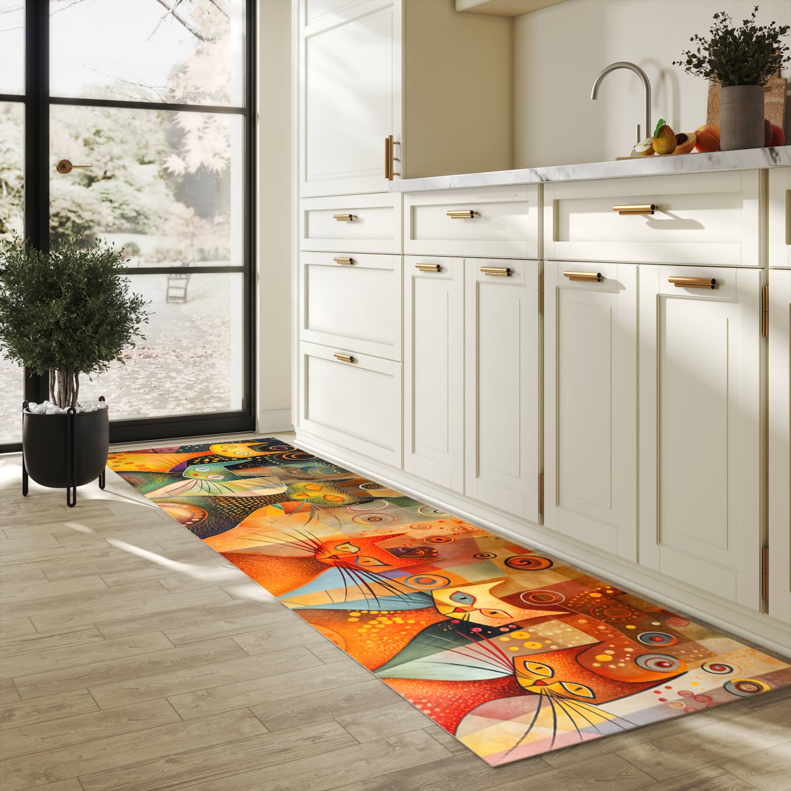Küchenteppich mit Motiv Katzenkunstwerk für Ordnung & Übersicht in heller Küche