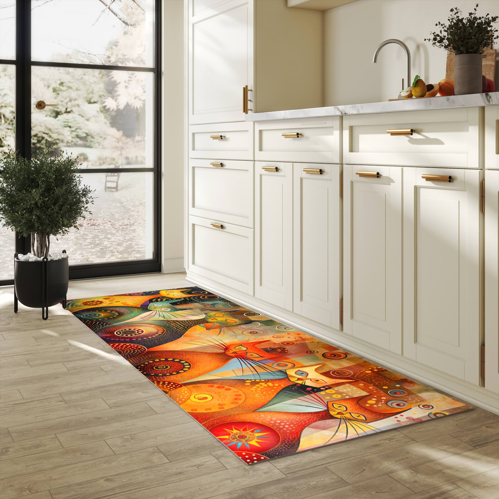 Farbbeständiger Küchenteppich mit Motiv Katzenkunstwerk in heller Küche