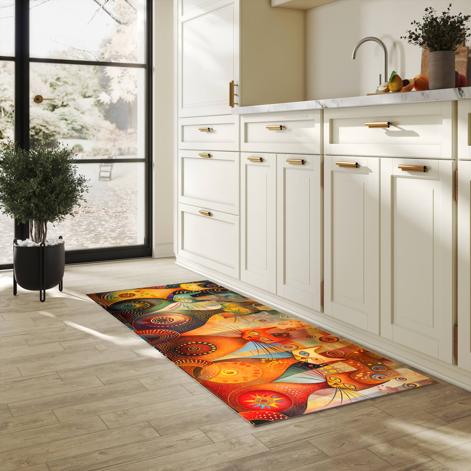 Rutschfester Küchenteppich mit Motiv Katzenkunstwerk in heller Küche