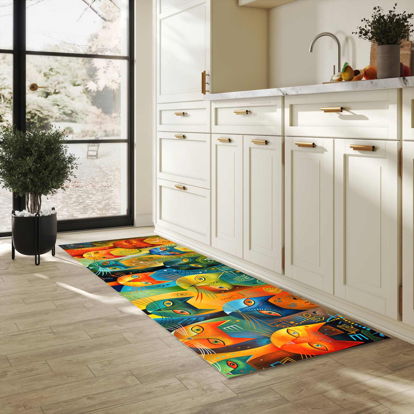 Geruchsneutraler Küchenläufer mit Motiv Bunte Katzenkunst in heller Küche