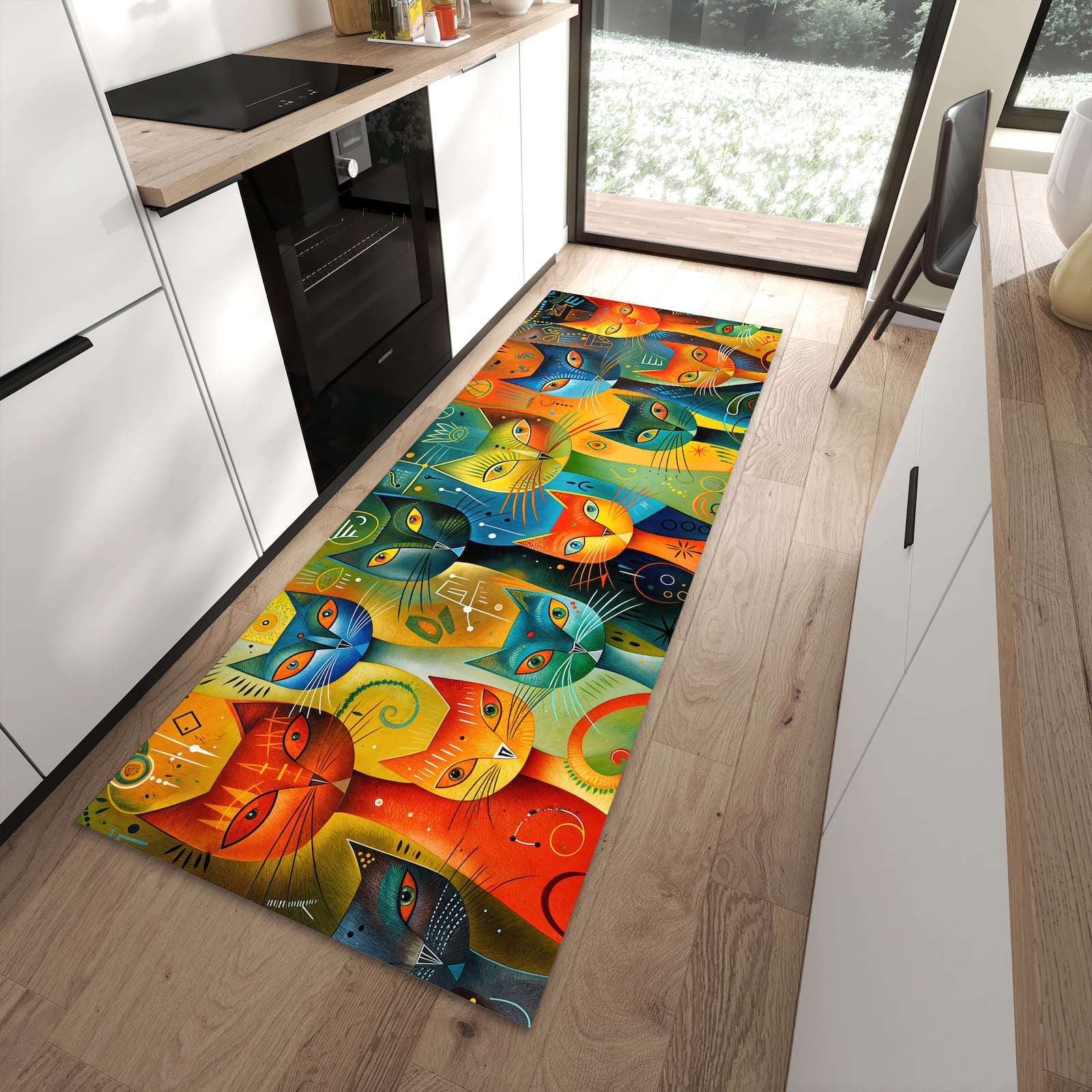 Wasserabweisender Bodenläufer mit Motiv Bunte Katzenkunst in moderner Küche