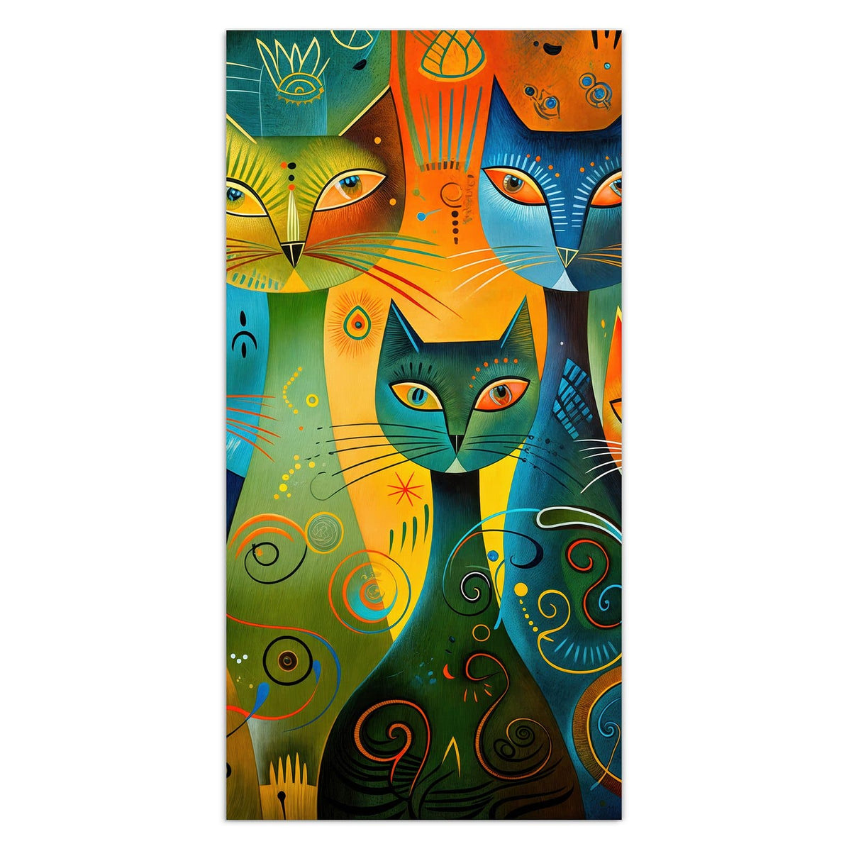 Mehrere stilisierte Katzen in Orange, Türkis und Gelb mit Punkten, Spiralen und Linienmustern