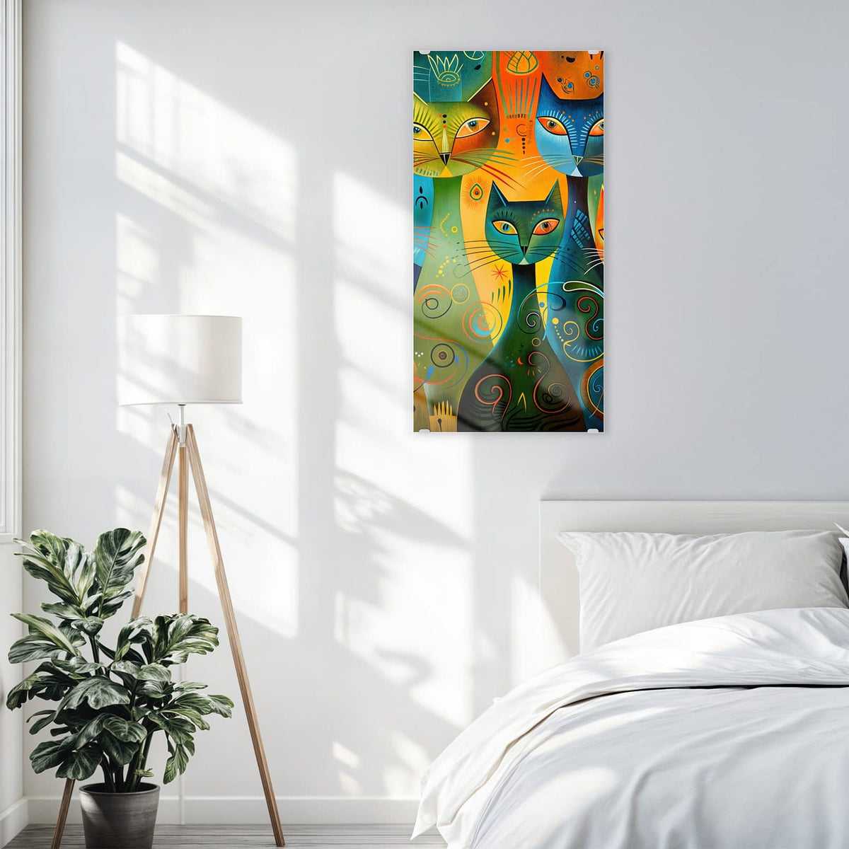 Glasbild Gemusterte Katzen an der Wand – Mehrere stilisierte Katzen in Orange, Türkis und Gelb mit Punkten, Spiralen und Linienmustern
