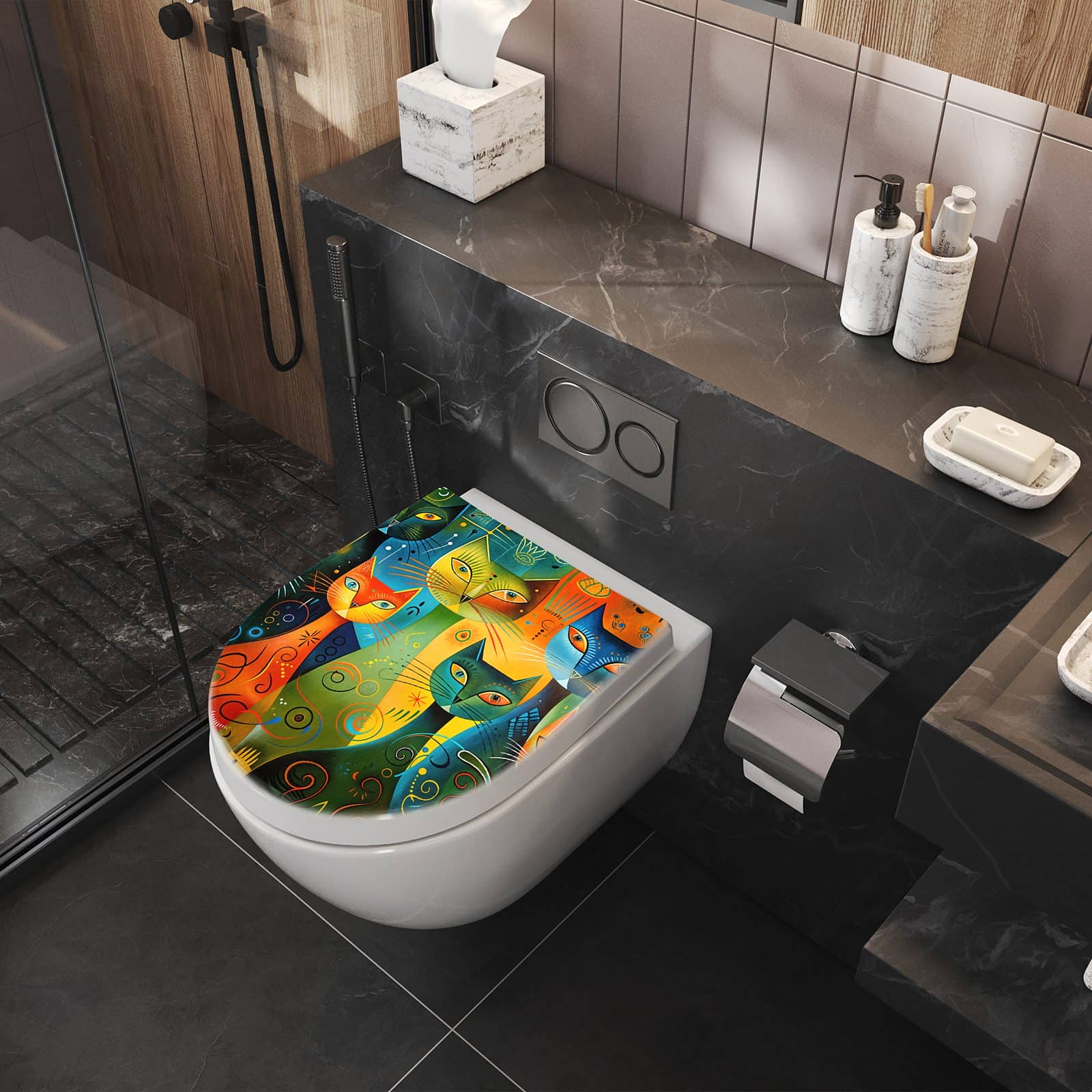 WC-Sitz mit Absenkautomatik Bunte Katzenkunst