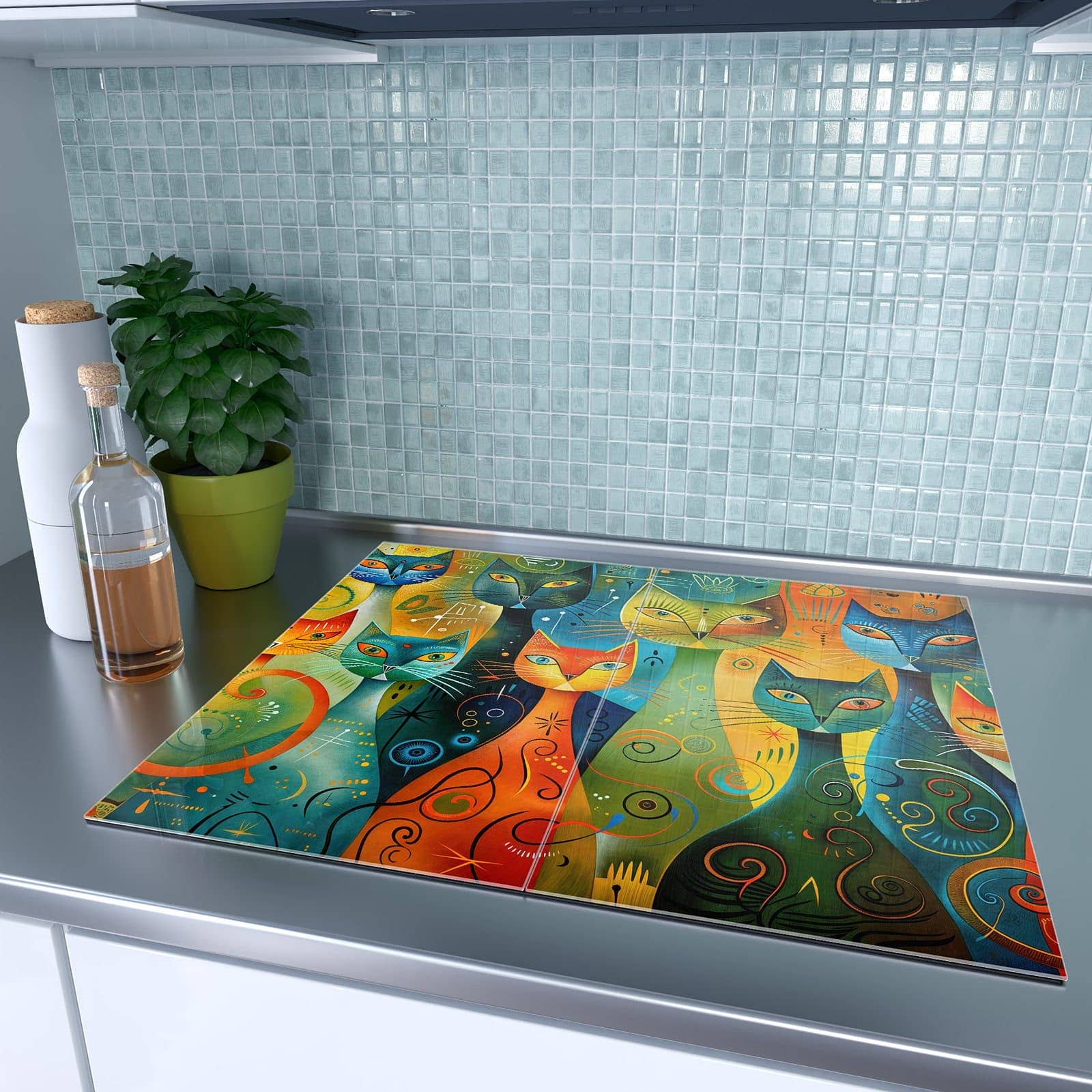 2-teilige Abdeckplatten für Ceranfeld mit Bunte Katzenkunst-Motiv auf dem Ceranfeld