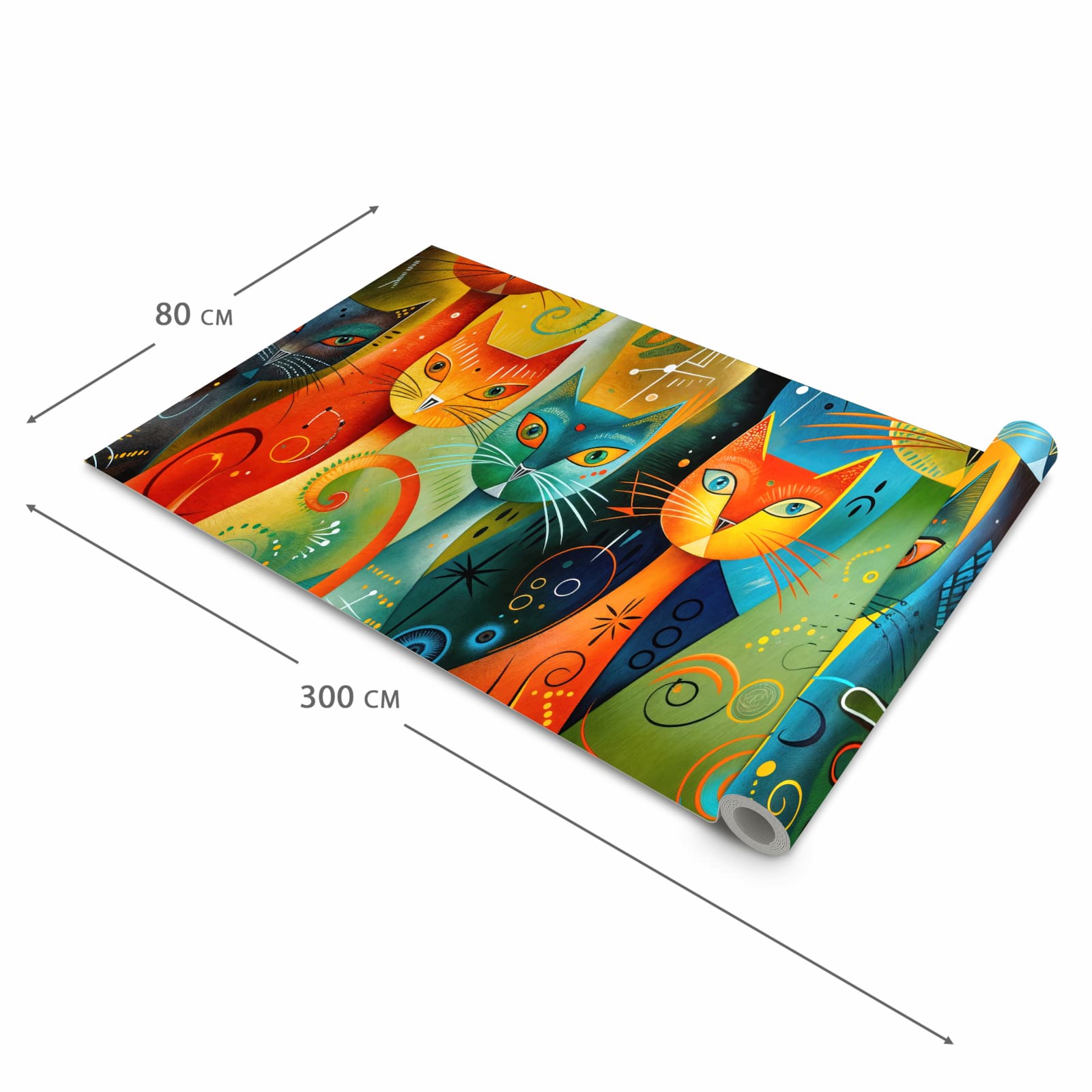 Bodenschonender rutschfester Küchenteppich mit Motiv Bunte Katzenkunst in der Grösse 60x240 cm