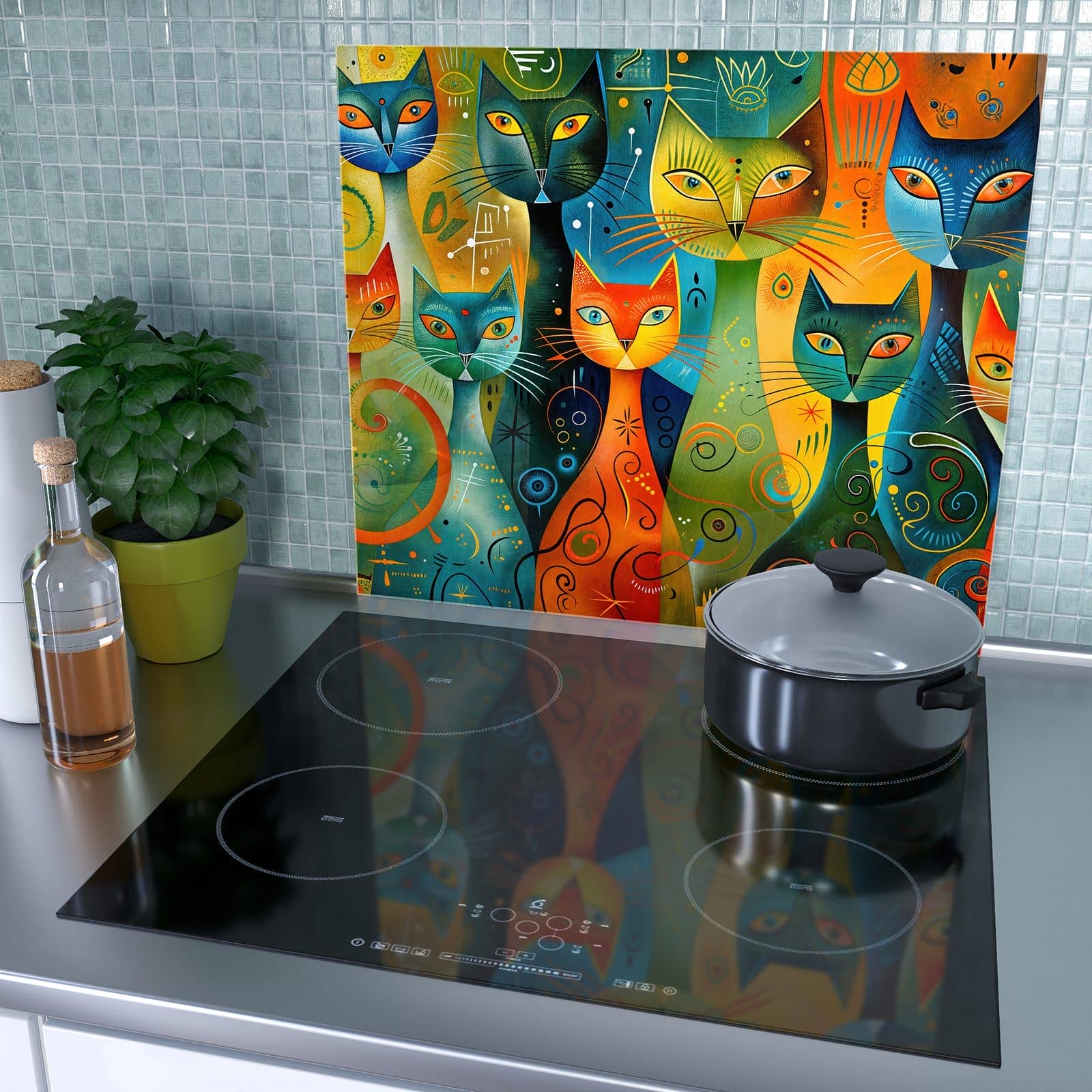 1-teilige Herdabdeckplatten für Ceranfeld mit Bunte Katzenkunst-Motiv als Spritzschutz hinter dem Kochfeld