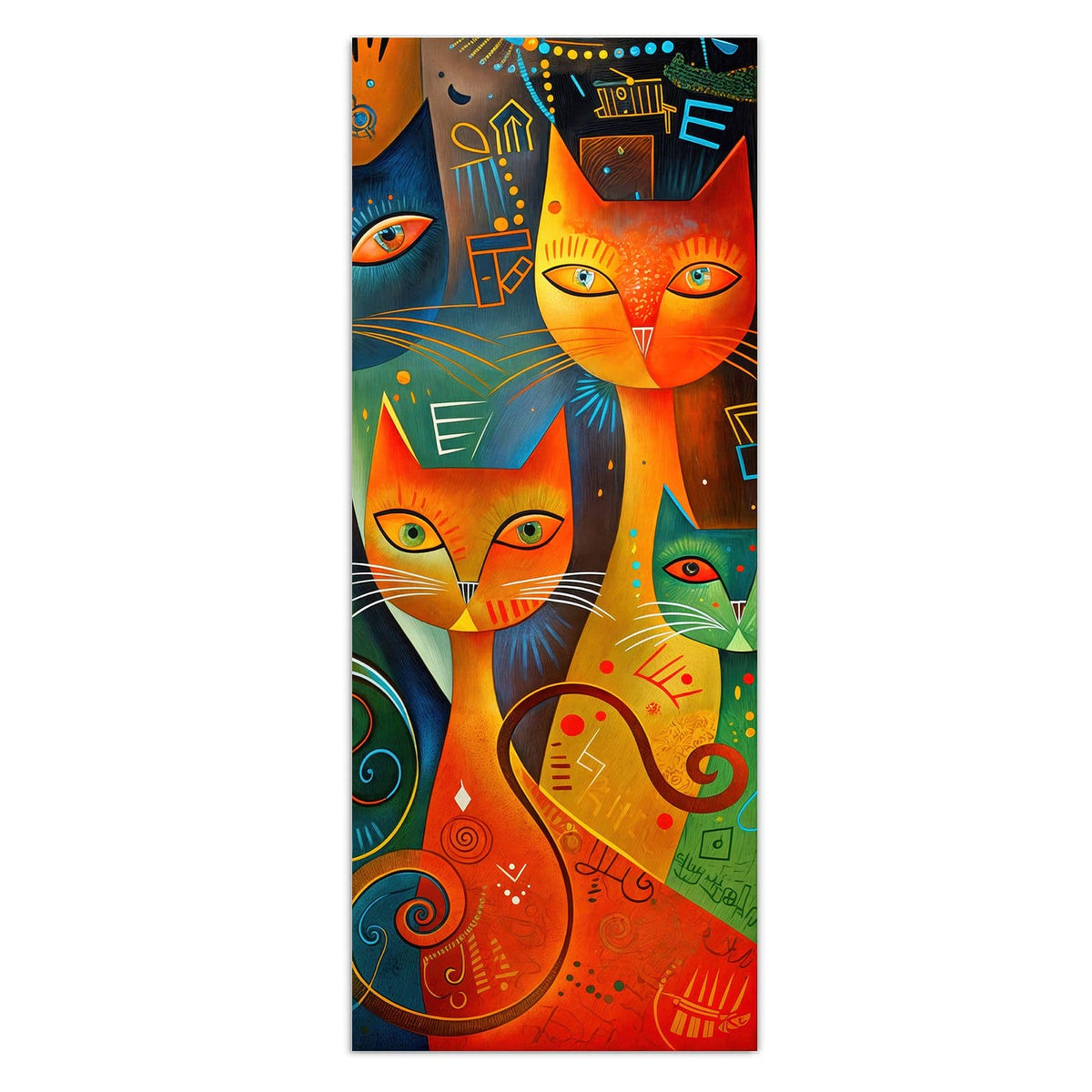 Mehrere stilisierte Katzen in Orange, Türkis und Gelb mit Punkten, Spiralen und Linienmustern