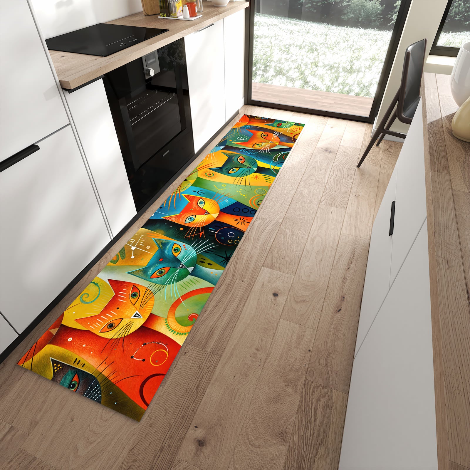 Farbbeständiger Läufer für den Eingangsbereich mit Motiv Bunte Katzenkunst in moderner Küche