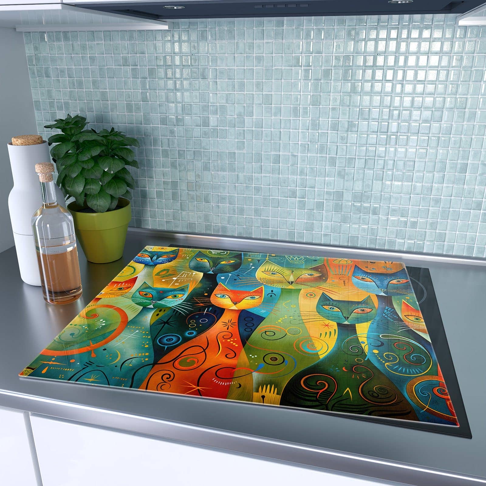 1-teilige Abdeckung für Herdplatten mit Bunte Katzenkunst-Motiv auf dem Ceranfeld