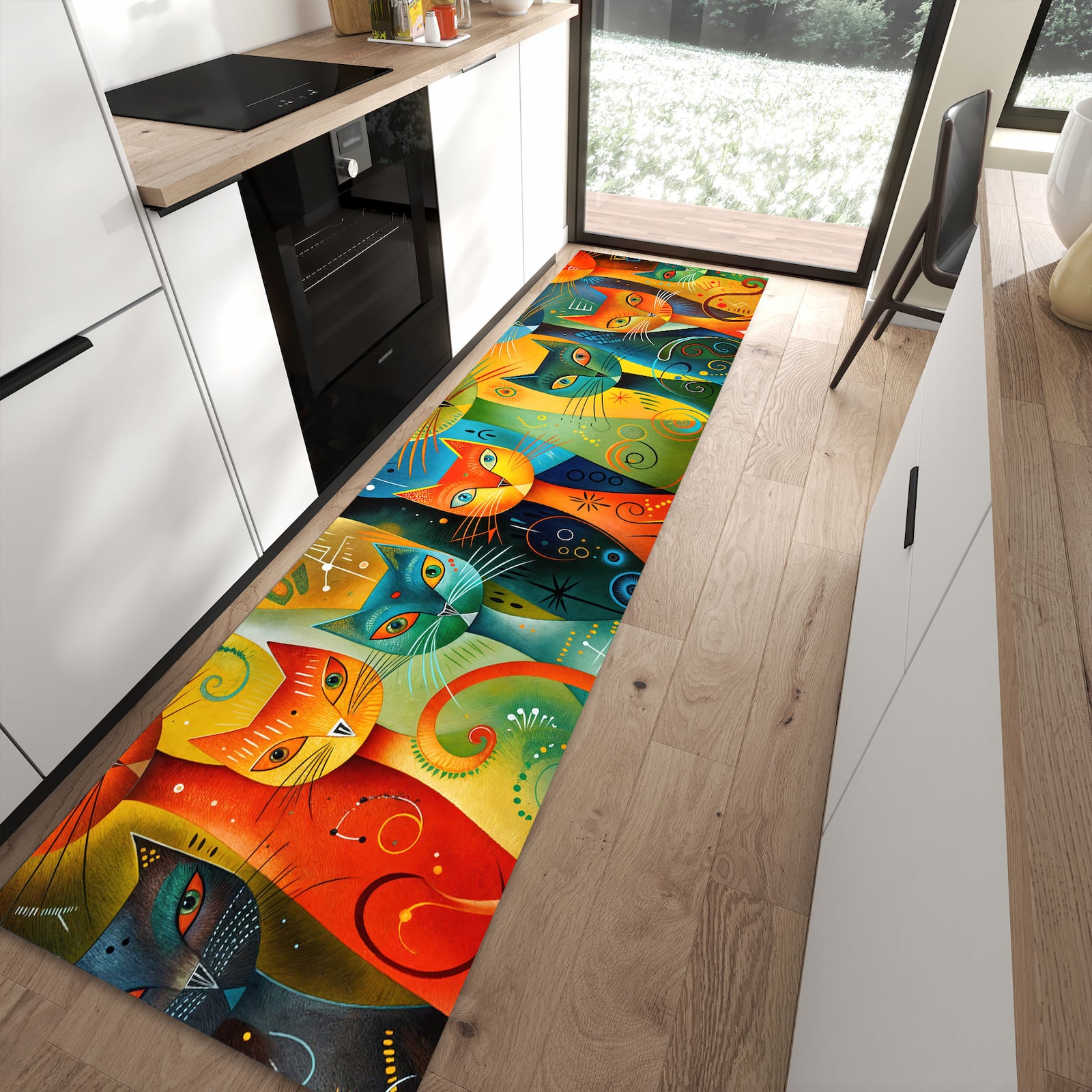 UV-beständiger waschbarer Teppich für Esstisch mit Motiv Bunte Katzenkunst in moderner Küche