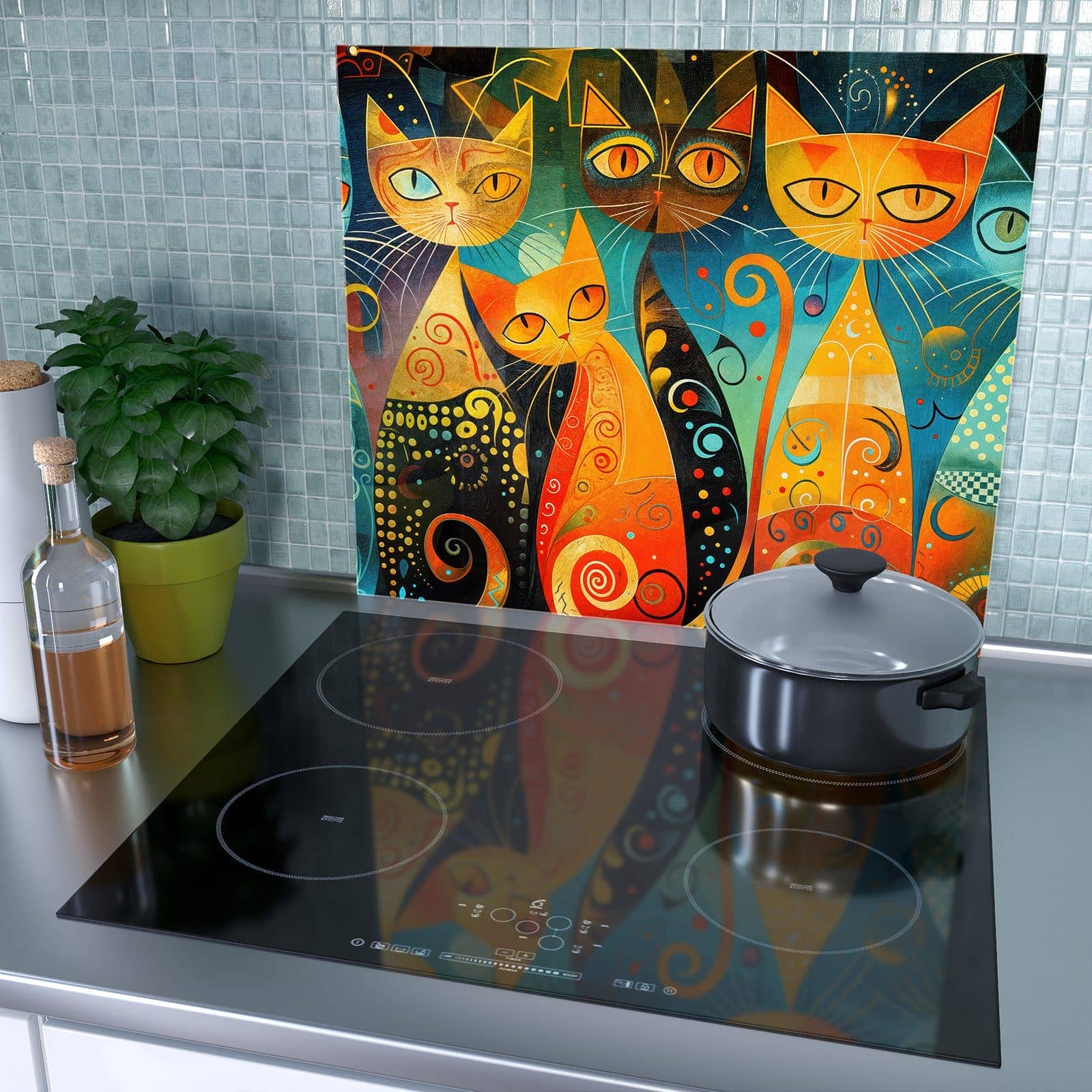 1-teilige Abdeckplatte für Induktionsherd mit Verspielte Katzenkunst-Motiv als Spritzschutz hinter dem Kochfeld
