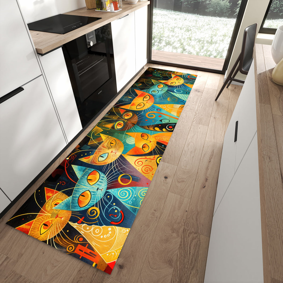 Strapazierfähiger Küchenvorleger mit Motiv Katzenkunst von Bunte in moderner Küche