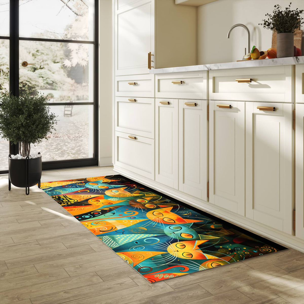 Waschbarer Küchenteppich mit Motiv Katzenkunst von Bunte in heller Küche