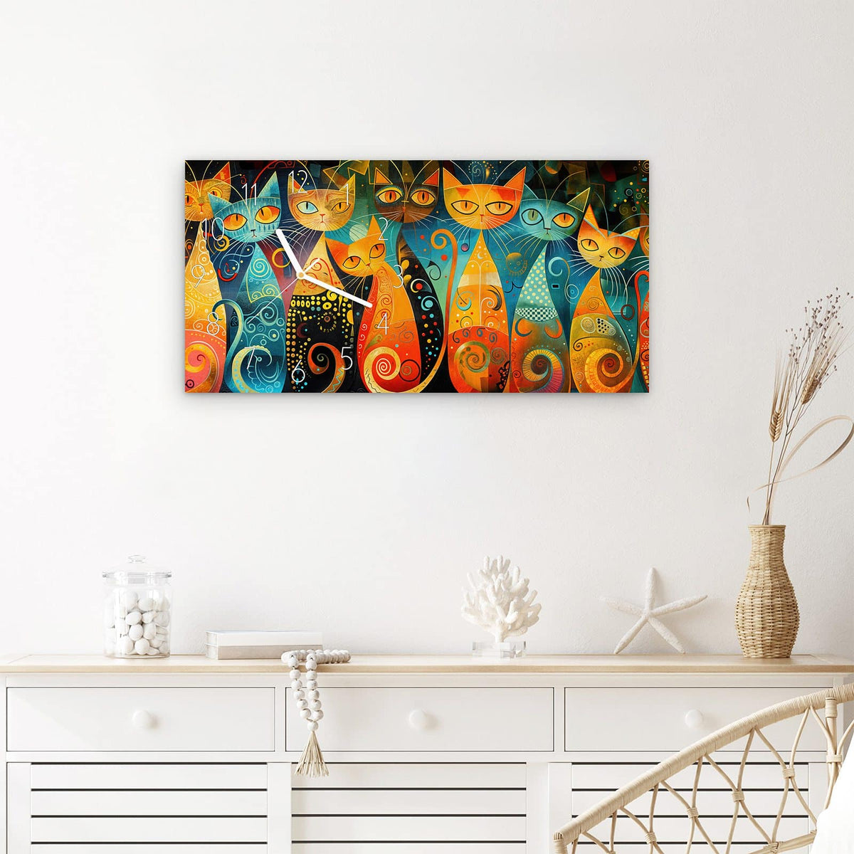 Wanduhr Verspielte Katzenkunst aus Glas – Querformat 60 × 30 cm – Großäugige Katzen mit Schnörkelmuster