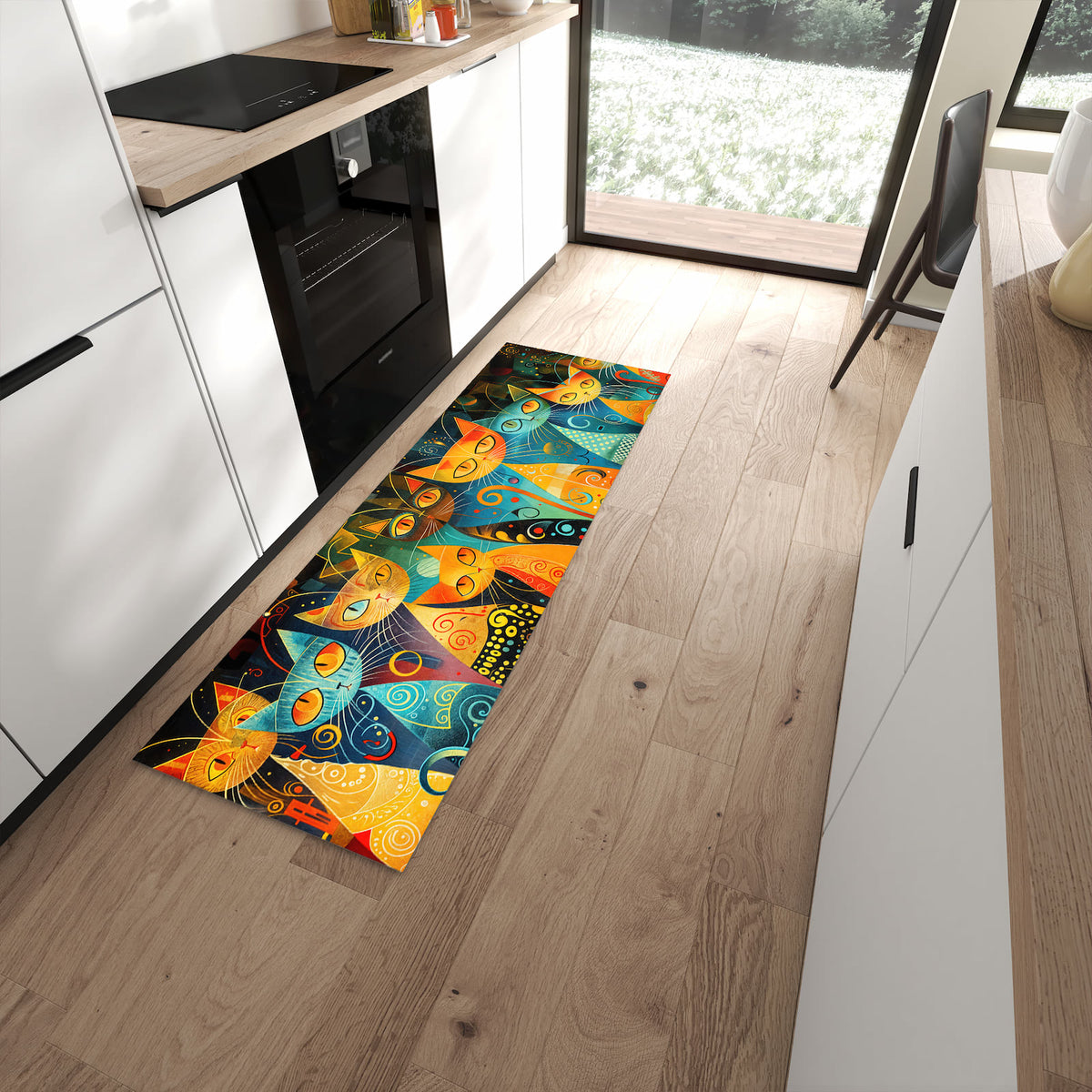Flacher Küchenteppich mit Motiv Katzenkunst von Bunte in moderner Küche