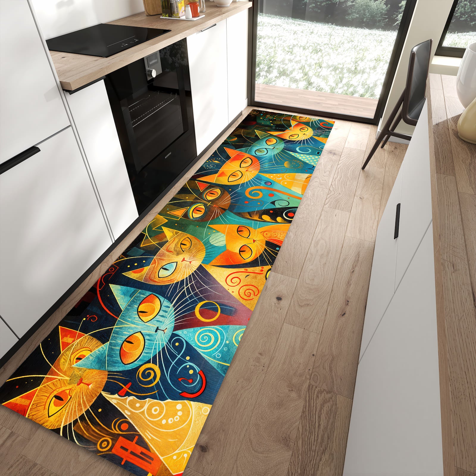 Waschbarer Küchenteppich mit Motiv Katzenkunst von Bunte in moderner Küche