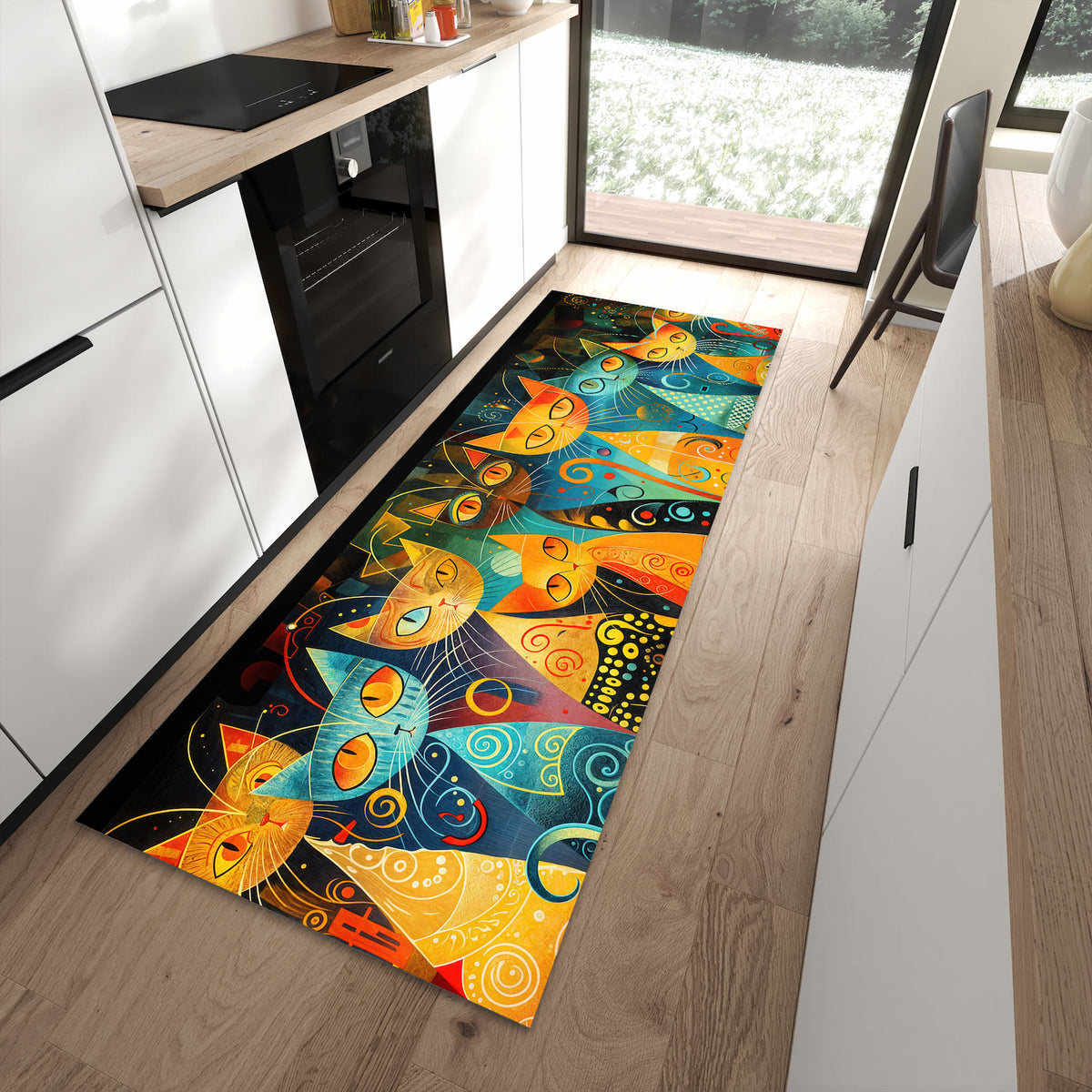 Rutschfester Küchenläufer mit Motiv Katzenkunst von Bunte in moderner Küche