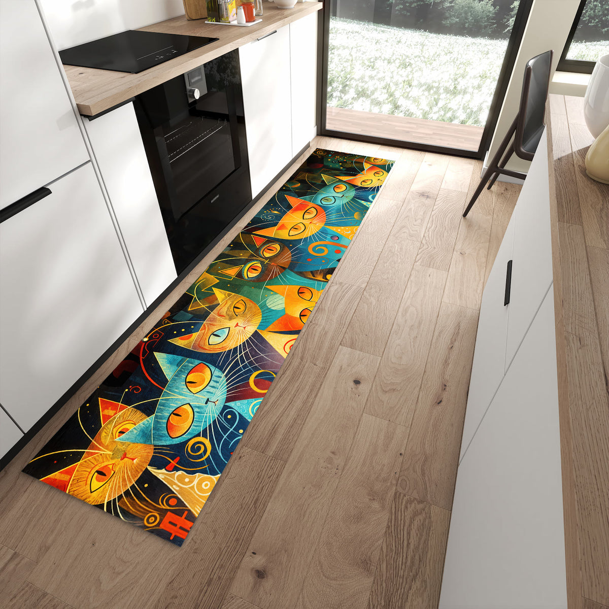 Komfortabler Küchenteppich mit Motiv Katzenkunst von Bunte in moderner Küche