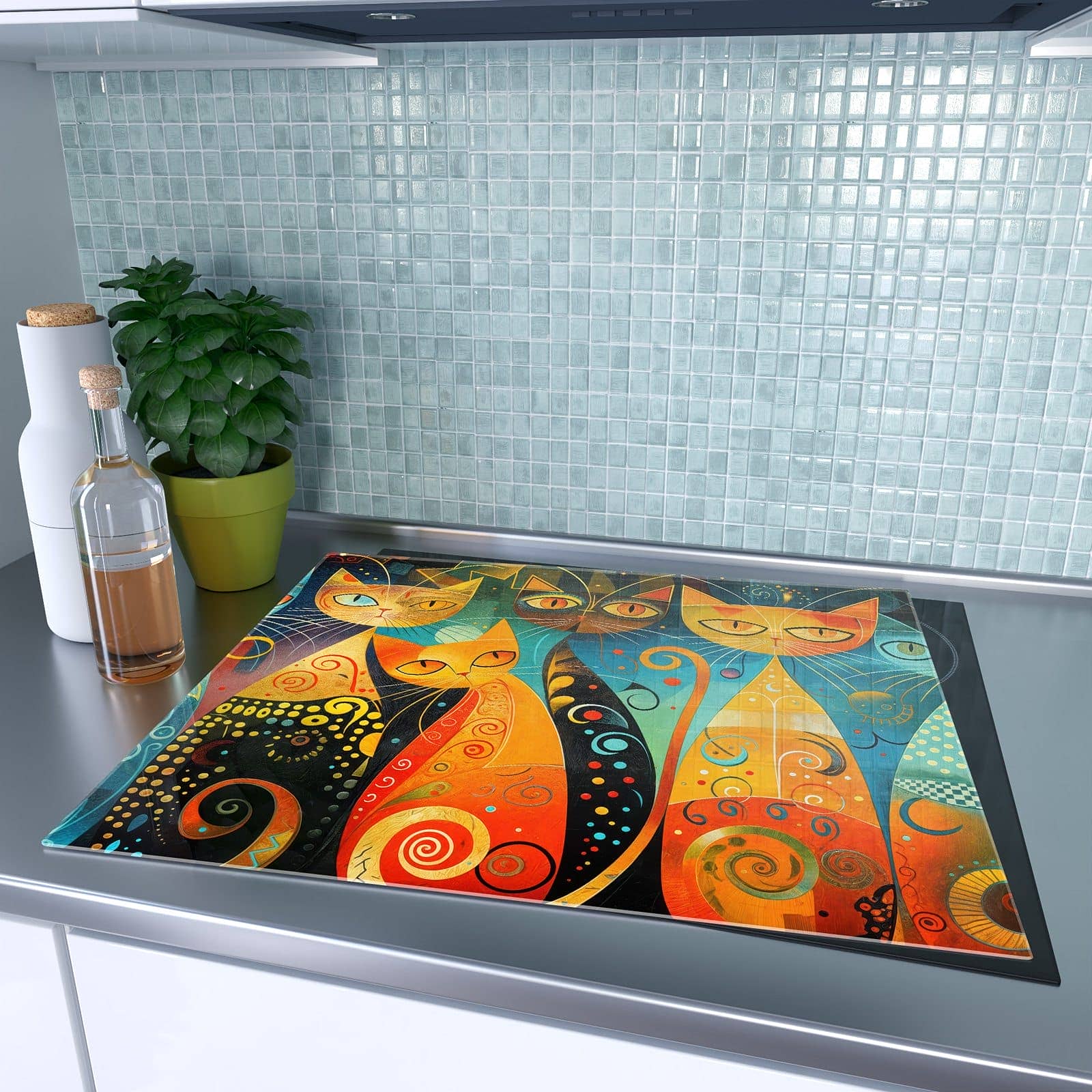 1-teilige Herdabdeckplatte mit Verspielte Katzenkunst-Motiv auf dem Ceranfeld