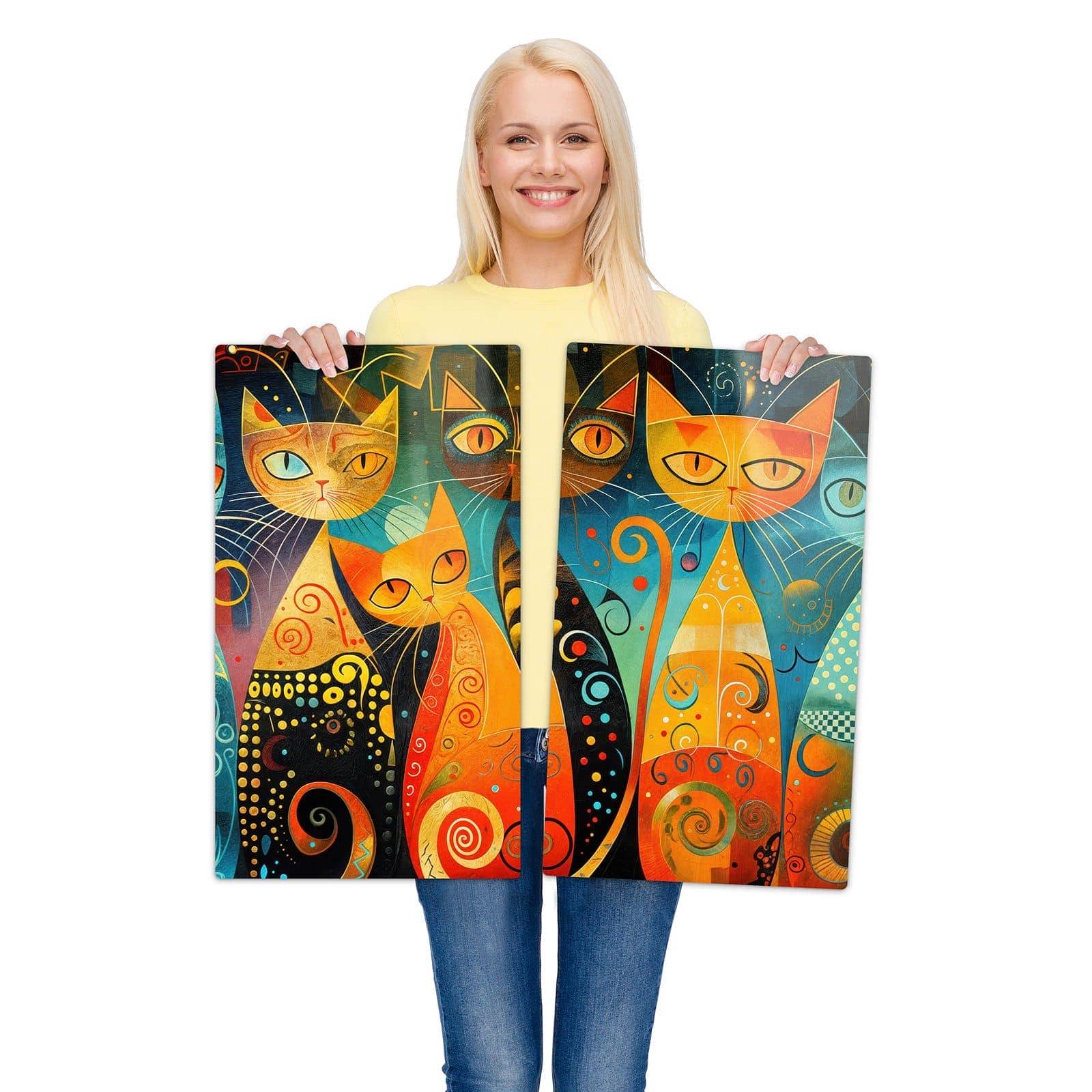 2-teilige Abdeckung für Herdplatten mit Verspielte Katzenkunst-Motiv wird zur Größendarstellung gehalten