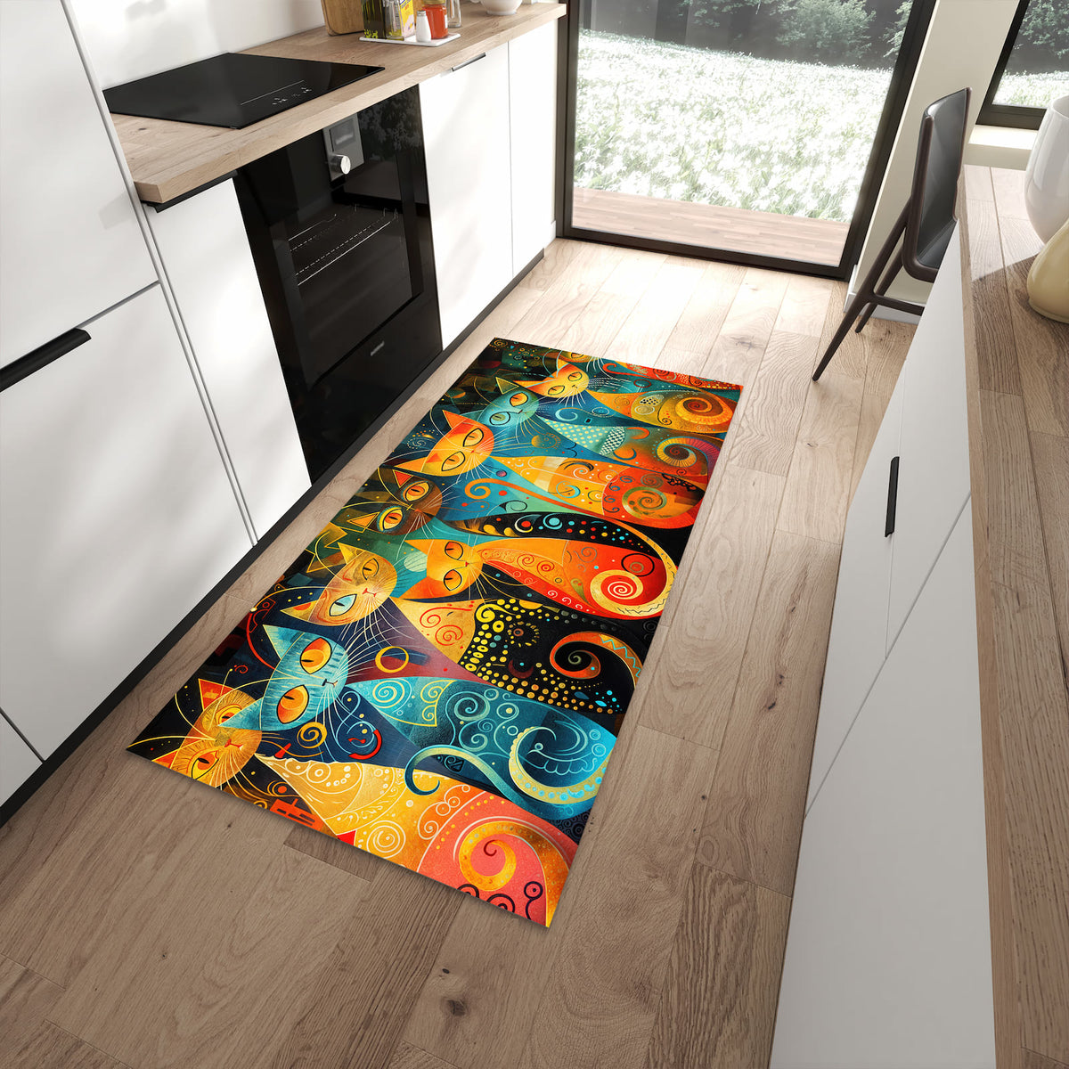 Langlebiger Küchenläufer mit Motiv Katzenkunst von Bunte in moderner Küche