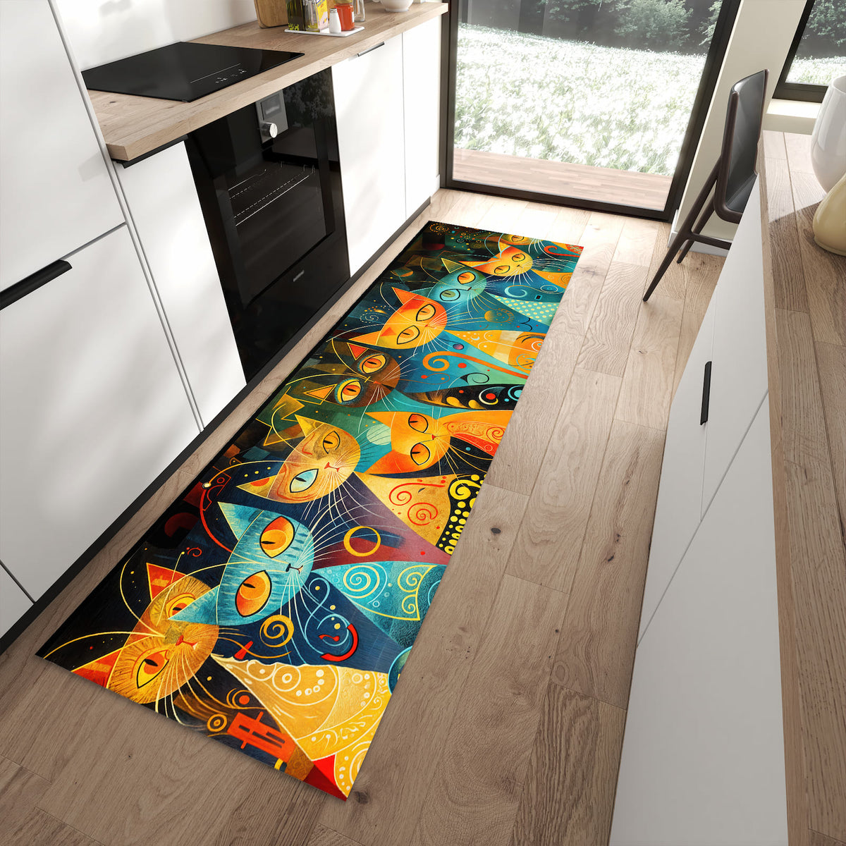Hygienischer Küchenteppich mit Motiv Katzenkunst von Bunte in moderner Küche