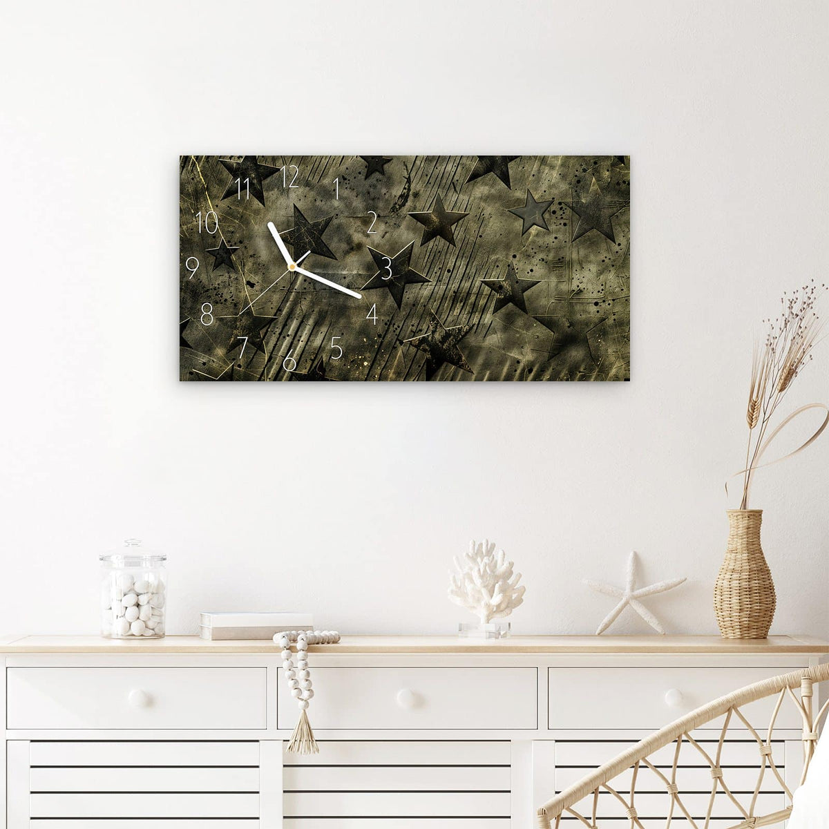 Wanduhr Sternenhimmel aus Glas – Querformat 60 × 30 cm – Goldene Sterne auf Grunge-Grund