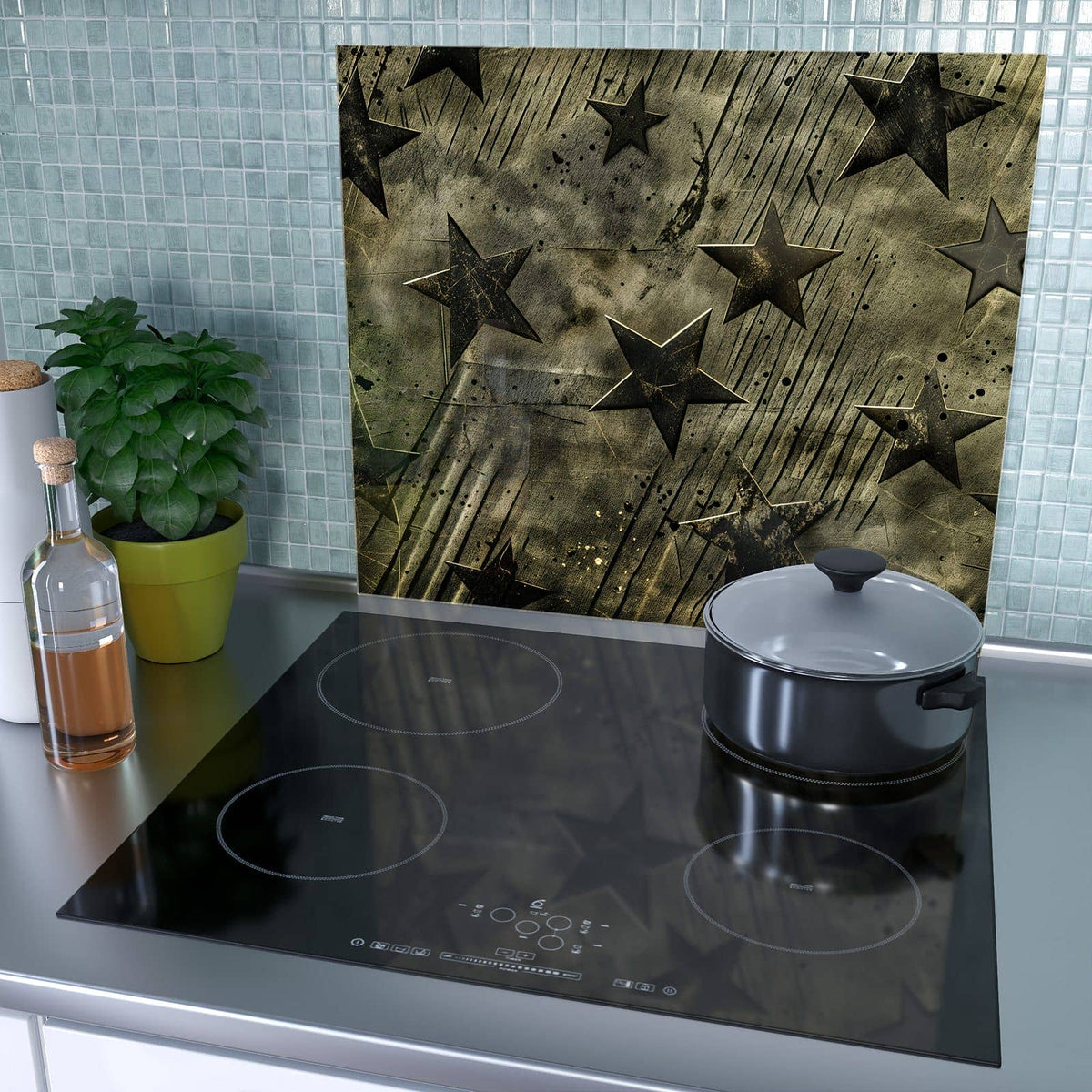 1-teilige Herdabdeckplatte aus Glas mit Sternenhimmel-Motiv als Spritzschutz hinter dem Kochfeld