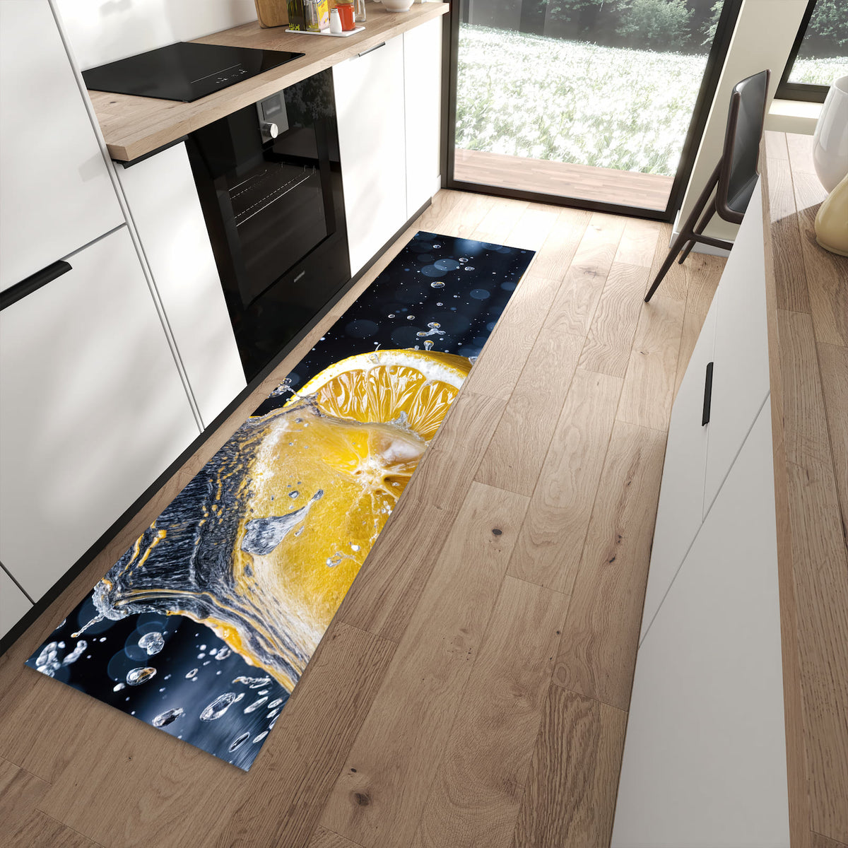 Rutschfester Küchenteppich mit Motiv Zitronenspritzer in moderner Küche