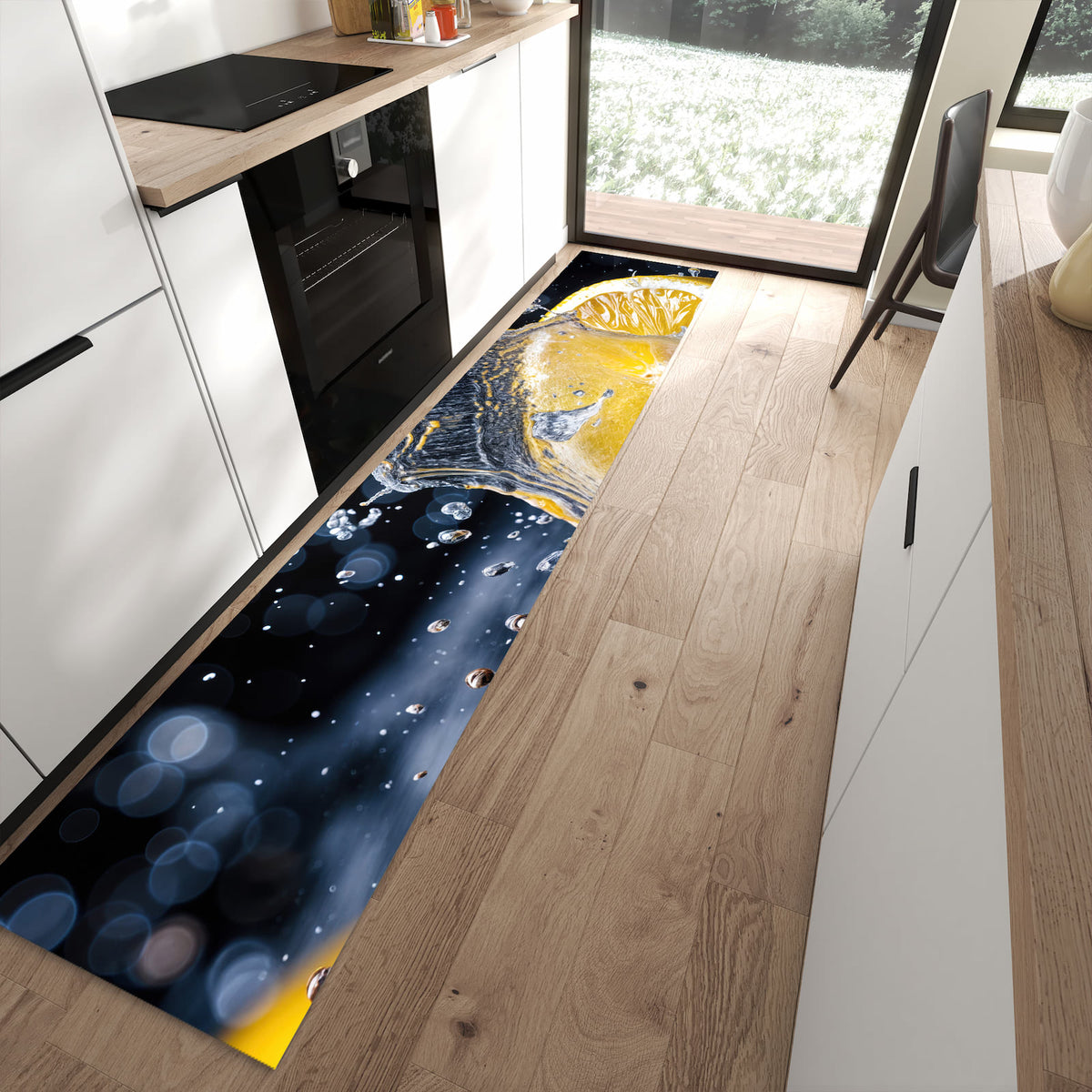 Küchenteppich mit Motiv Zitronenspritzer für angenehmes Stehen in moderner Küche