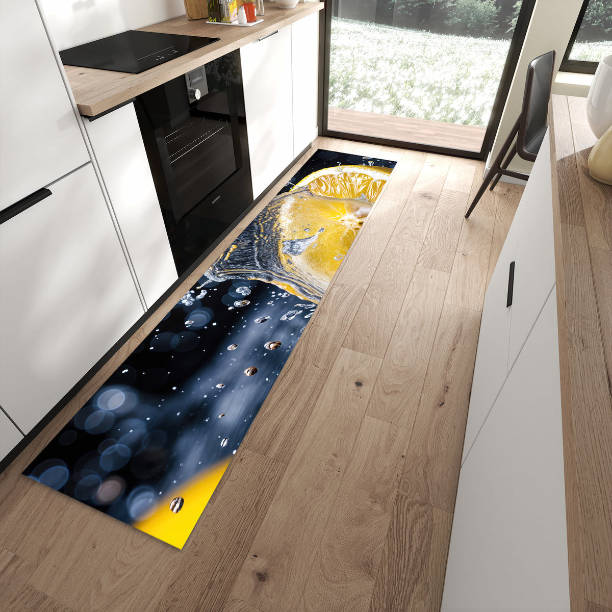 Leicht zu reinigender Küchenteppich mit Motiv Zitronenspritzer in moderner Küche