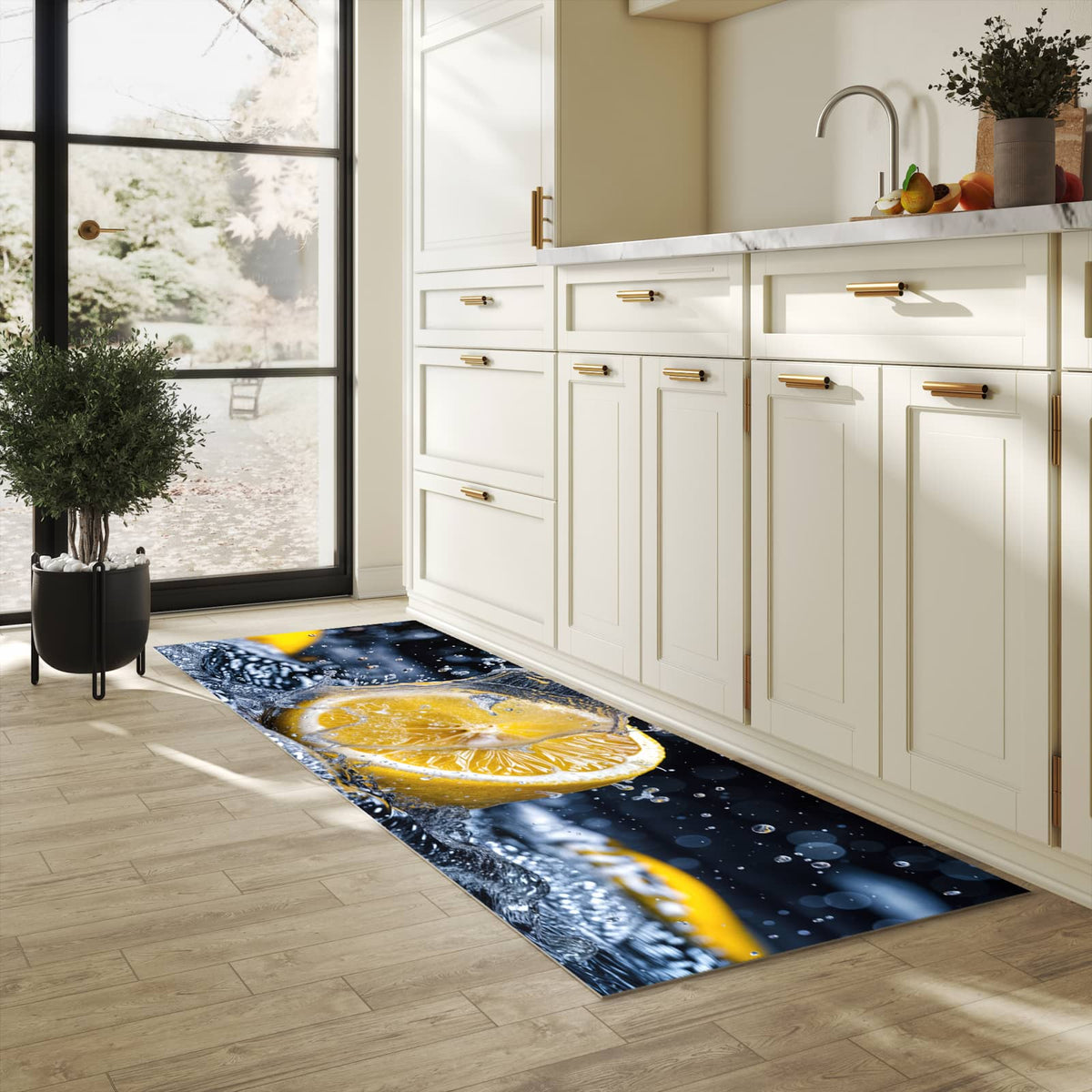 Hygienischer Bodenläufer Teppich mit Motiv Zitronenspritzer in heller Küche