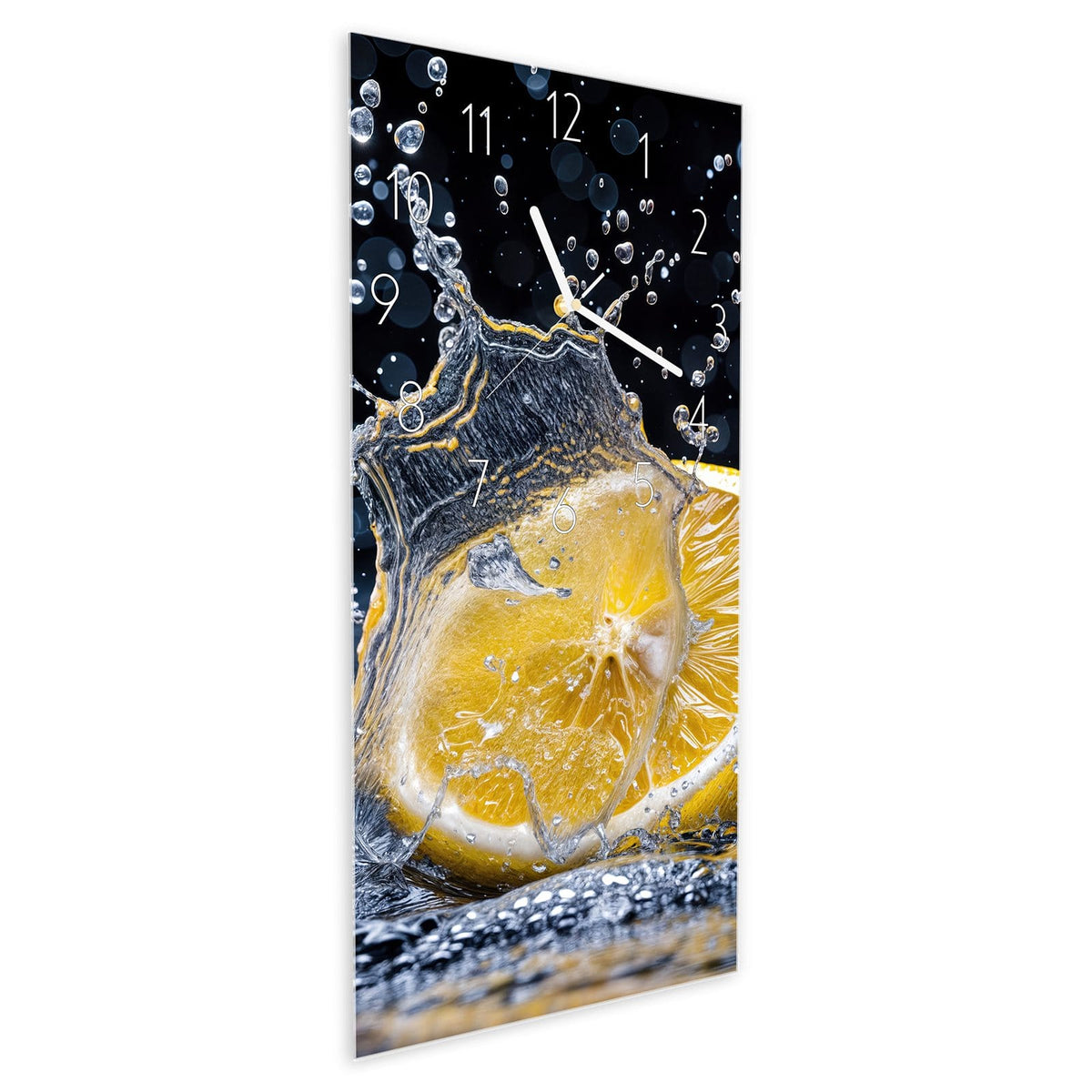 Wanduhr aus Glas im Hochformat Zitronenspritzer schräg von der Seite, 4 mm starkes Glas
