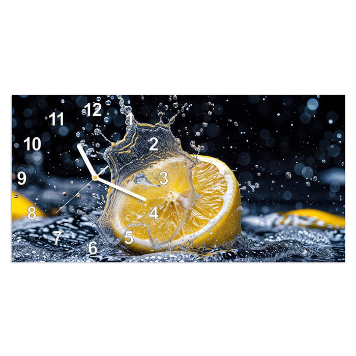 Wanduhr Zitronenspritzer aus Glas – Querformat 60 × 30 cm mit Ziffernblatt Modern