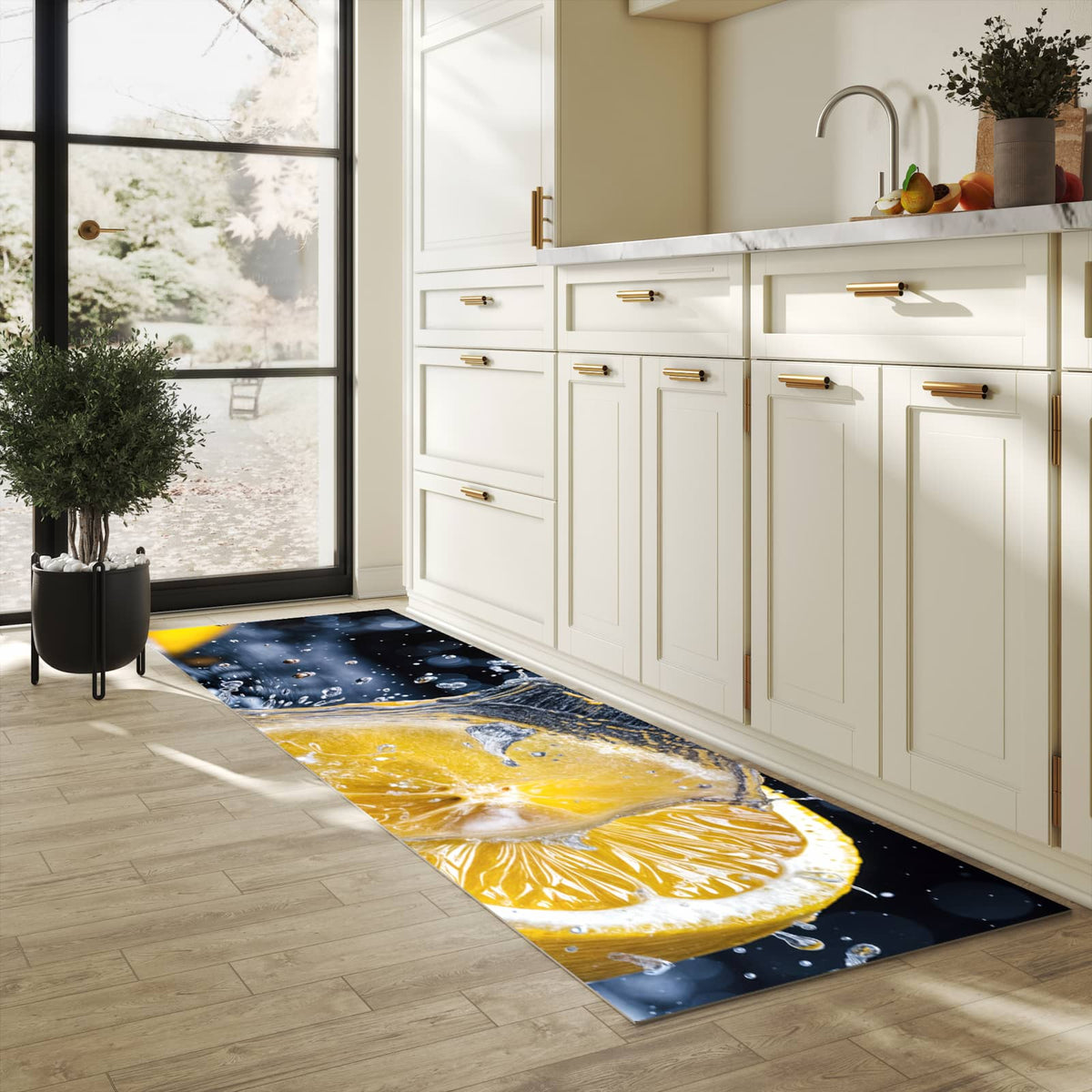 Strapazierfähiger Küchenteppich mit Motiv Zitronenspritzer in heller Küche