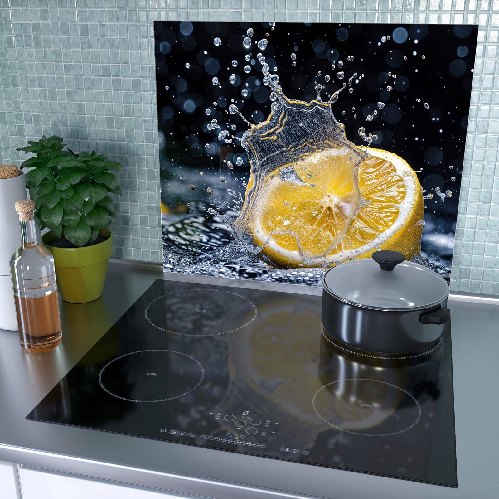 1-teilige Abdeckung für Herdplatten mit Zitronenspritzer-Motiv als Spritzschutz hinter dem Kochfeld