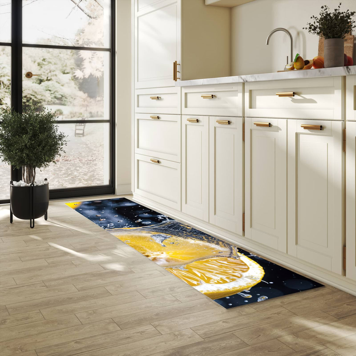 Komfortabler Teppich fürs Esszimmer mit Motiv Zitronenspritzer in heller Küche, waschbar