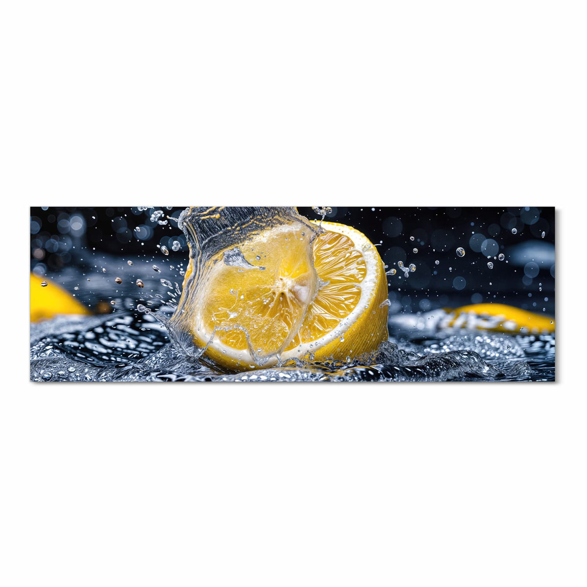 Geruchsneutraler waschbarer Küchenteppich mit Motiv Zitronenspritzer in Frontansicht