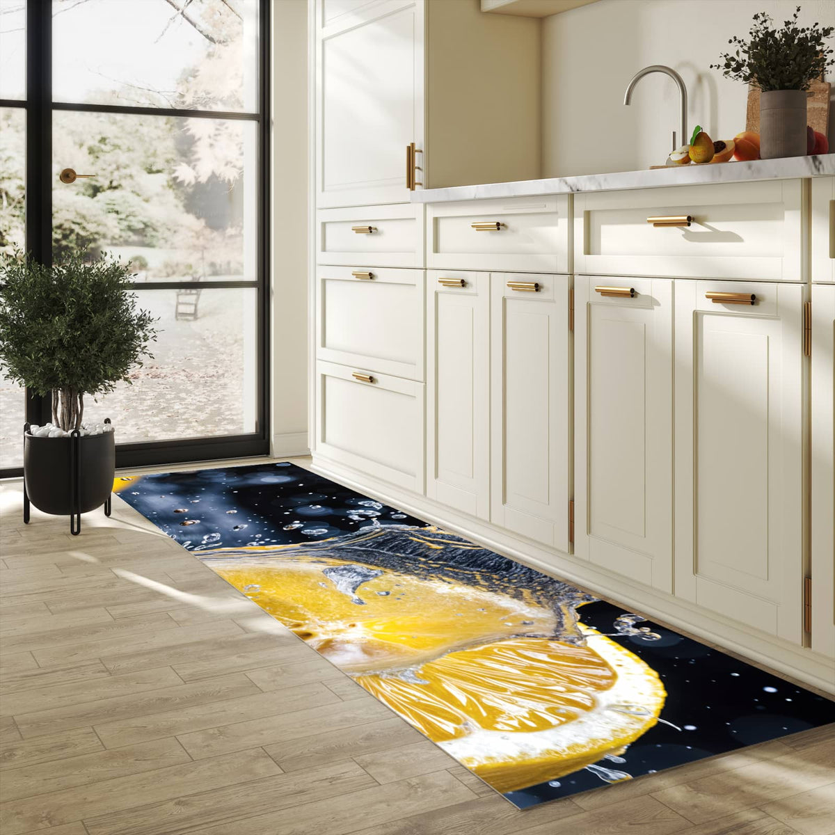 Waschbarer Küchenteppich mit Motiv Zitronenspritzer in heller Küche