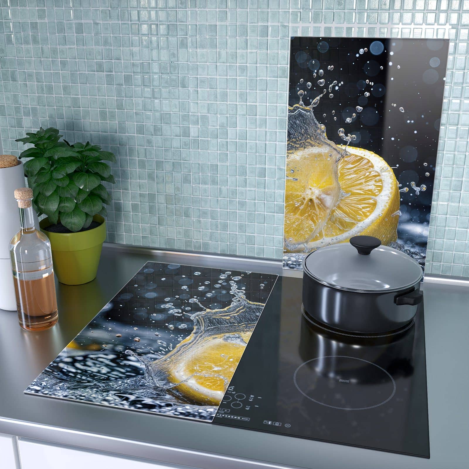 2-teilige Abdeckplatten für Ceranfeld mit Zitronenspritzer-Motiv als Spritzschutz hinter dem Kochfeld